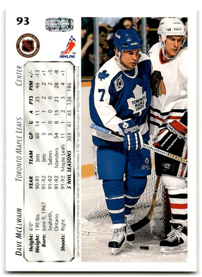 1992-93 Upper Deck Dave McLlwain Toronto Maple Leafs #93