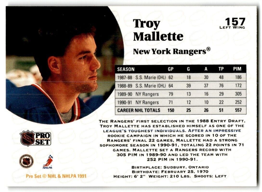 1991-92 Pro Set Troy Mallette New York Rangers #157