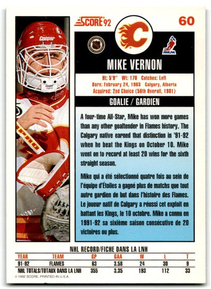 1992-93 Score Mike Vernon Calgary Flames #60