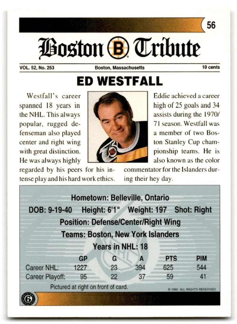 1991-92 Ultimate Original 6 Ed Westfall Boston Bruins #56