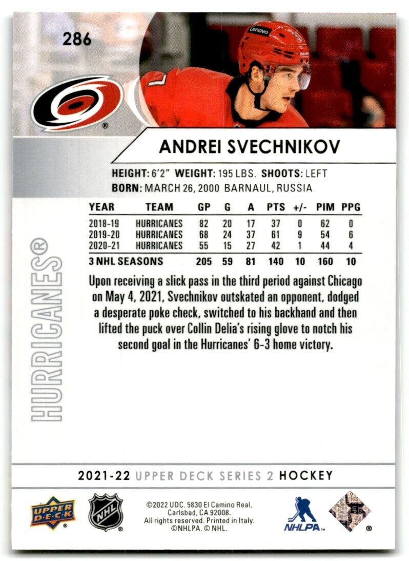 2021-22 Upper Deck Andrei Svechnikov Carolina Hurricanes #286