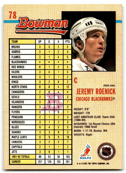 1992-93 Bowman Jeremy Roenick Chicago Blackhawks #78