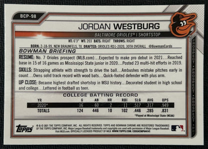 2021 Bowman Chrome Prospects Jordan Westburg Baltimore Orioles #BCP-98