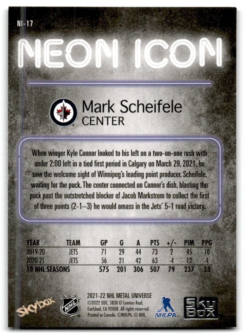 2021-22 Skybox Metal Universe Neon Icon Mark Scheifele Winnipeg Jets #NI-17