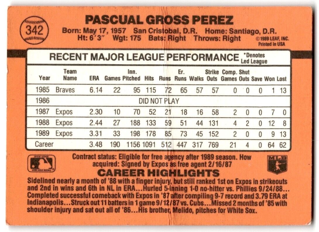 1990 Donruss Pascual Perez Montreal Expos #342