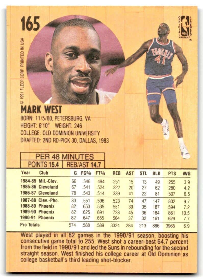 1991-92 Fleer Mark West Phoenix Suns #165