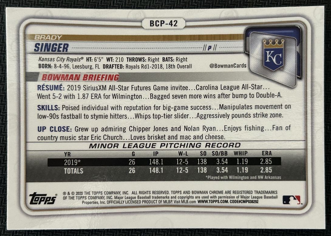 2020 Bowman Chrome Prospects Brady Singer Kansas City Royals #BCP-42