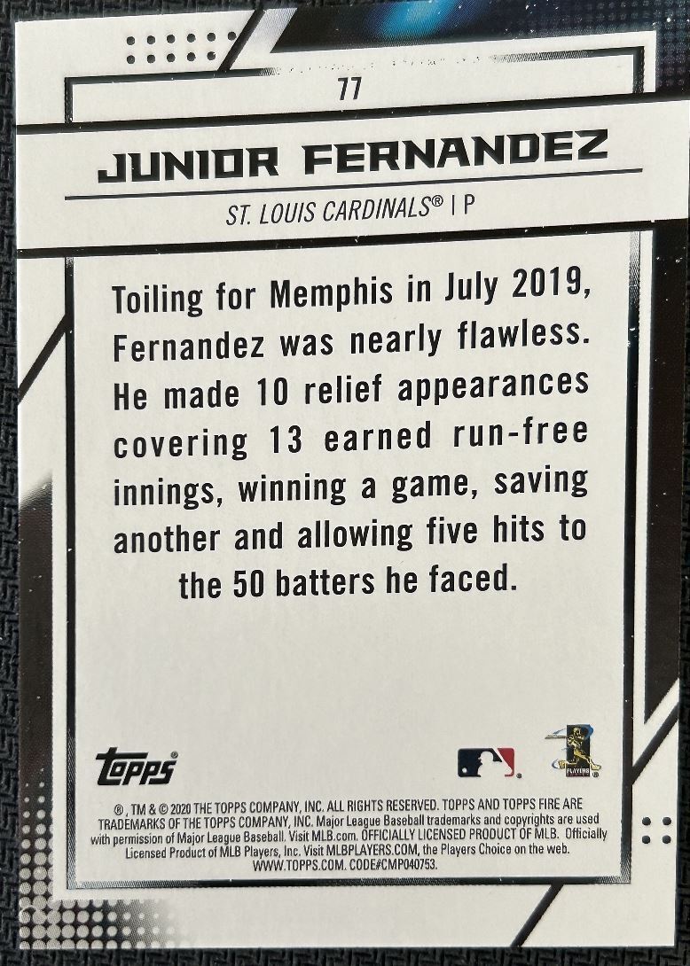 2020 Topps Fire Junior Fernandez Rookie St. Louis Cardinals #77