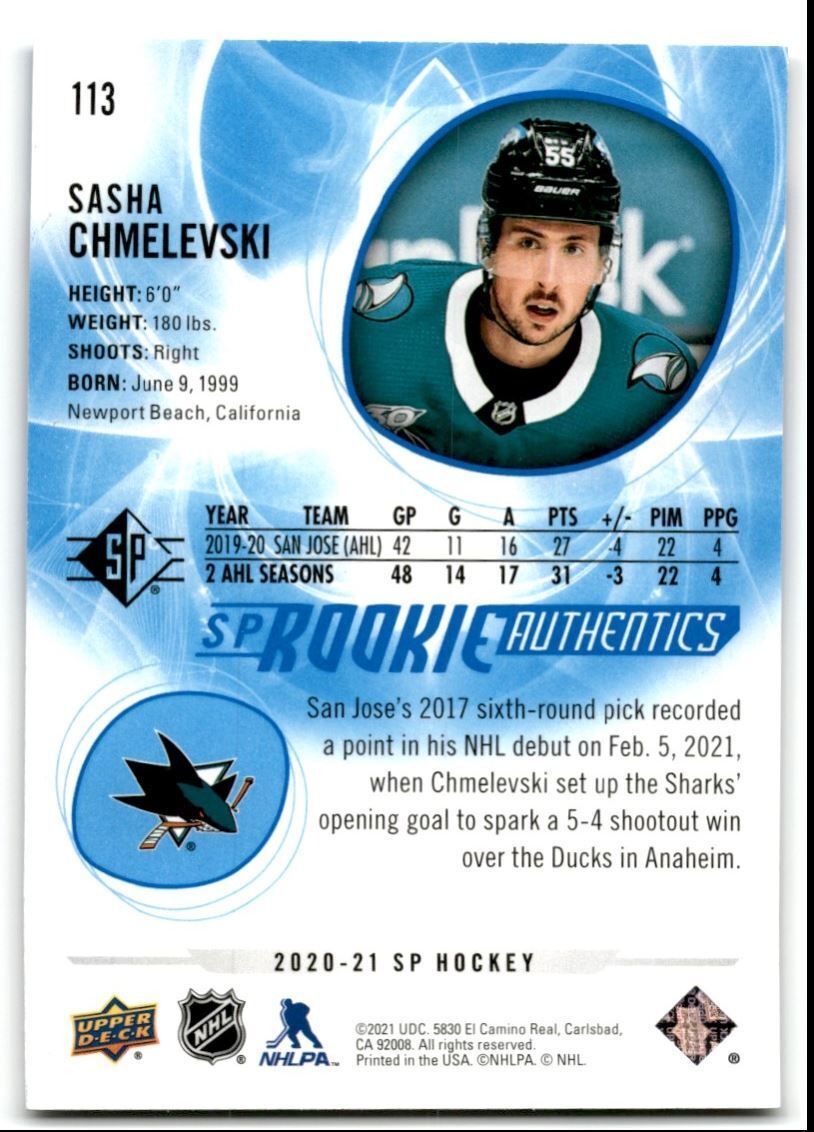 2020-21 Upper Deck Rookie SP Authentic Sasha Chmelevski Rookie San Jose Sharks