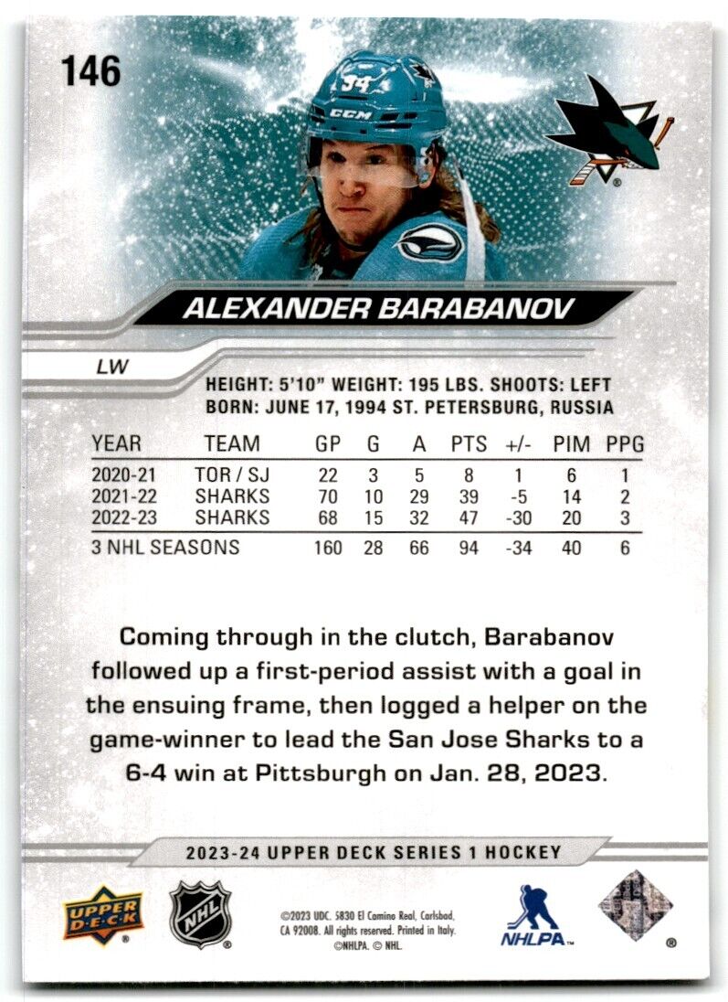 2023-24 Upper Deck Alexander Barabanov San Jose Sharks #146