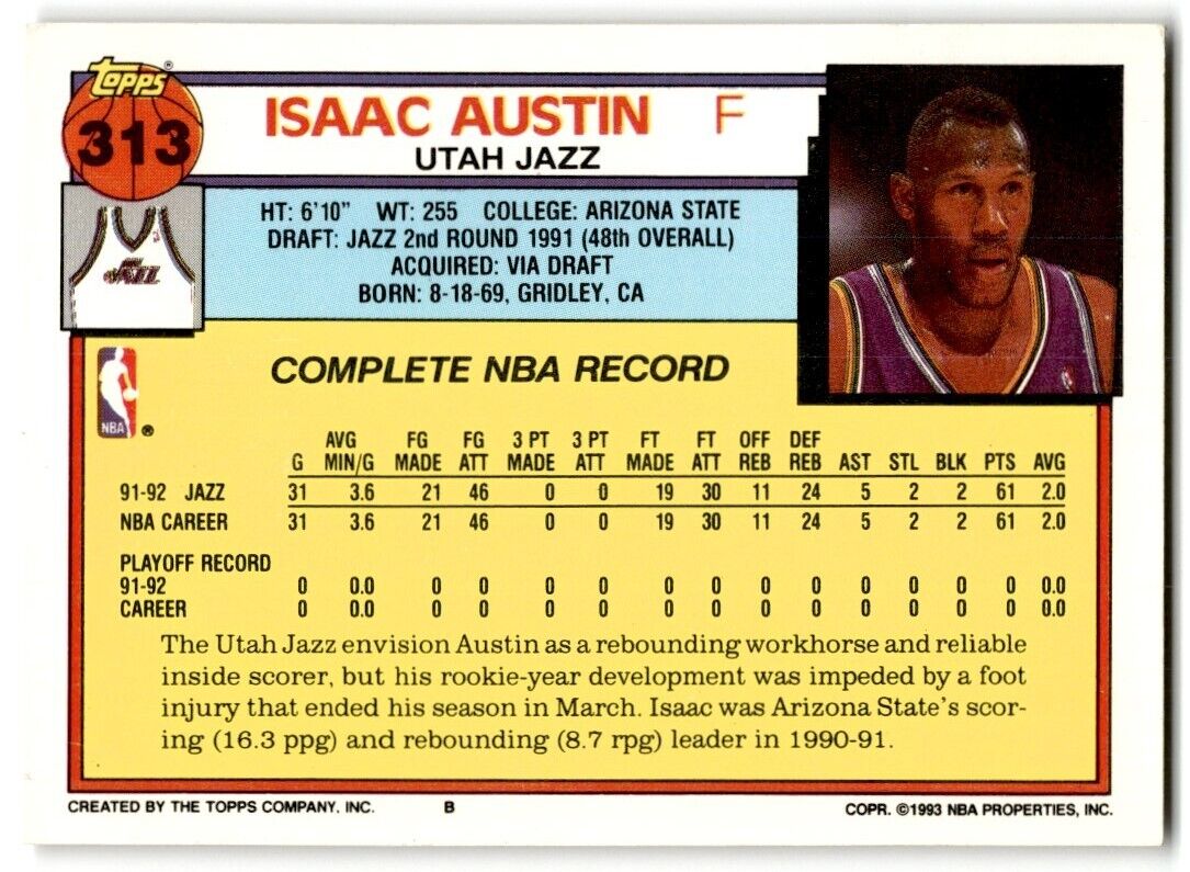 1992-93 Topps Isaac Austin Utah Jazz #313