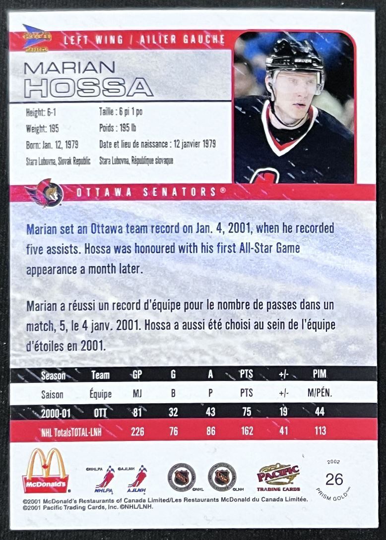 2001-02 Pacific McDonald's Marian Hossa Minnesota Wild #26