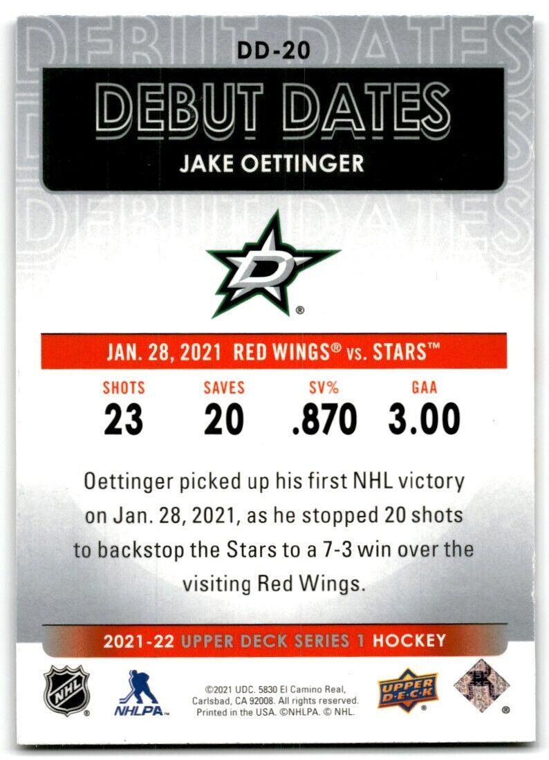 2021-22 Upper Deck Debut Dates Jake Oettinger Dallas Stars #DD-20