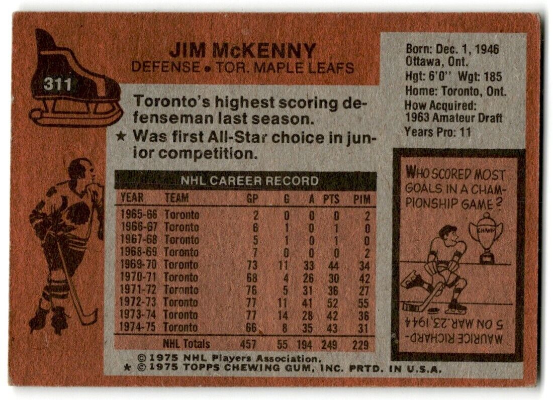 1975-76 Topps Jim McKenny Toronto Maple Leafs #311