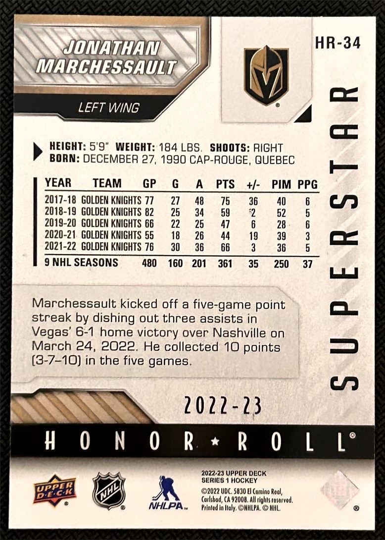 2022-23 Upper Deck Honor Roll Jonathan Marchessault Vegas Golden Knights #HR-34