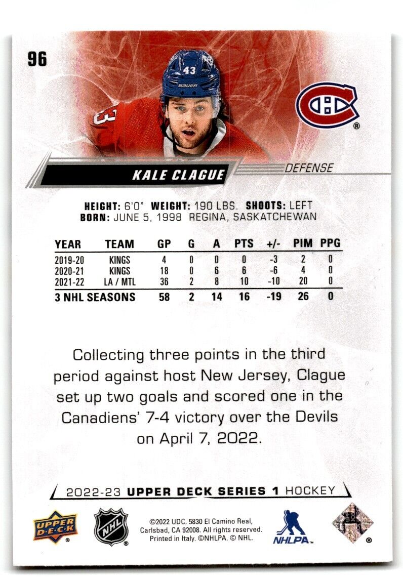 2022-23 Upper Deck Kale Clague Montreal Canadiens #96