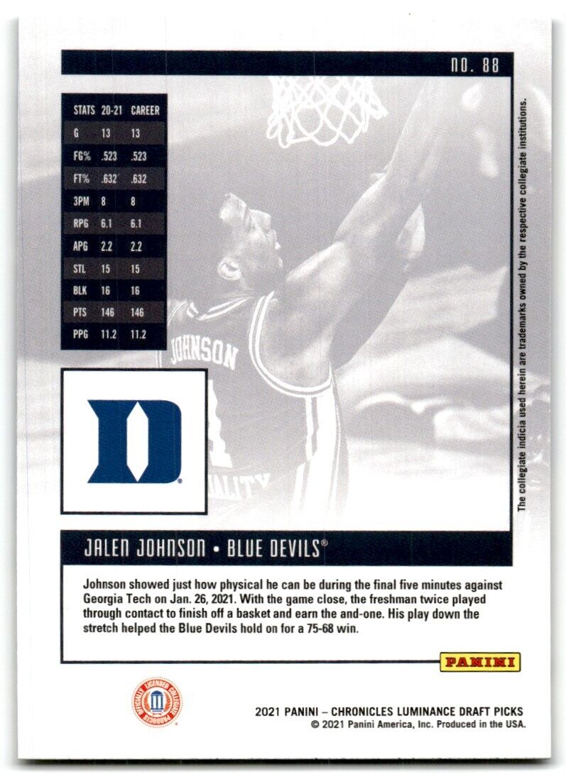 2021-22 Panini Chronicles Luminance Draft Picks Jalen Johnson Duke Blue Devils