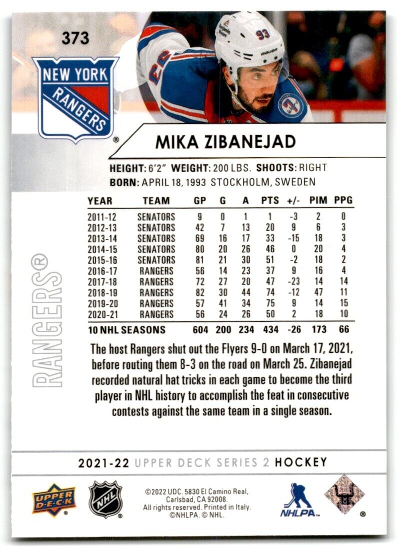 2021-22 Upper Deck Mika Zibanejad New York Rangers #373