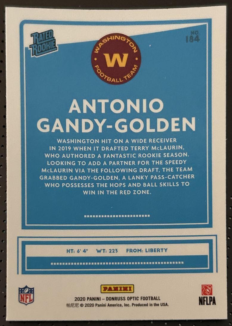 2020 Donruss Optic Antonio Gandy-Golden Rookie Washington Redskins #184