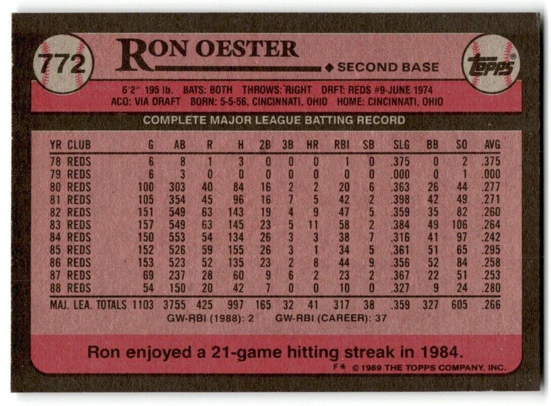 1989 Topps Ron Oester Cincinnati Reds #772