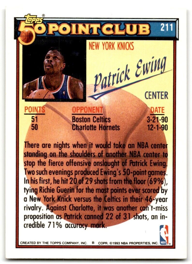 1992-93 Topps 50 points club Patrick Ewing New York Knicks #211