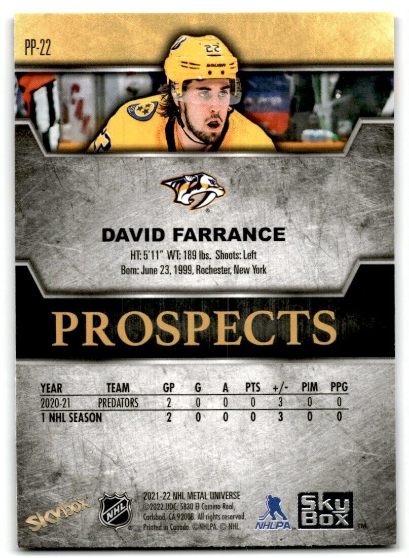 2021-22 Skybox Metal Universe Premium Prospects David Farrance Nashville