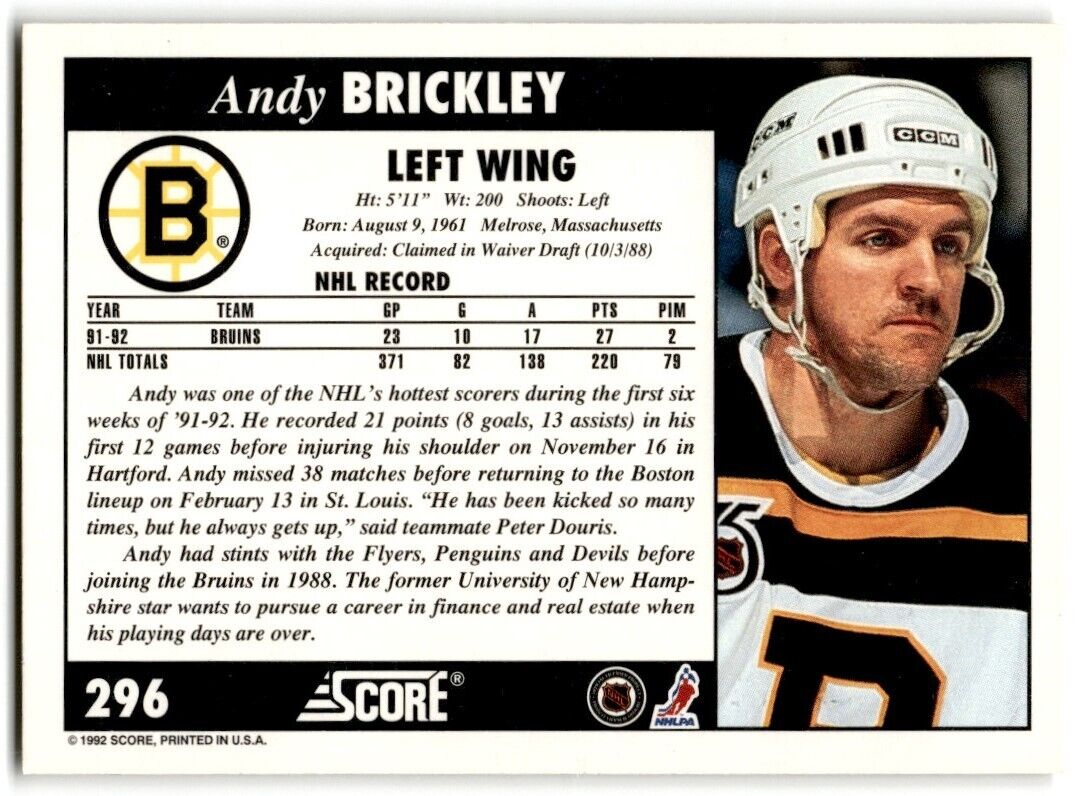 1992-93 Score Andy Brickley Boston Bruins #296