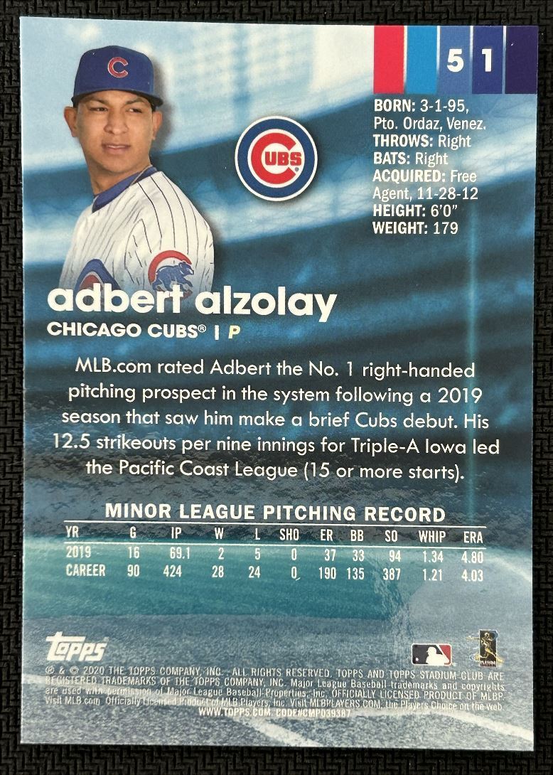 2020 Stadium Club Chrome Adbert Alzolay Rookie Chicago Cubs #51