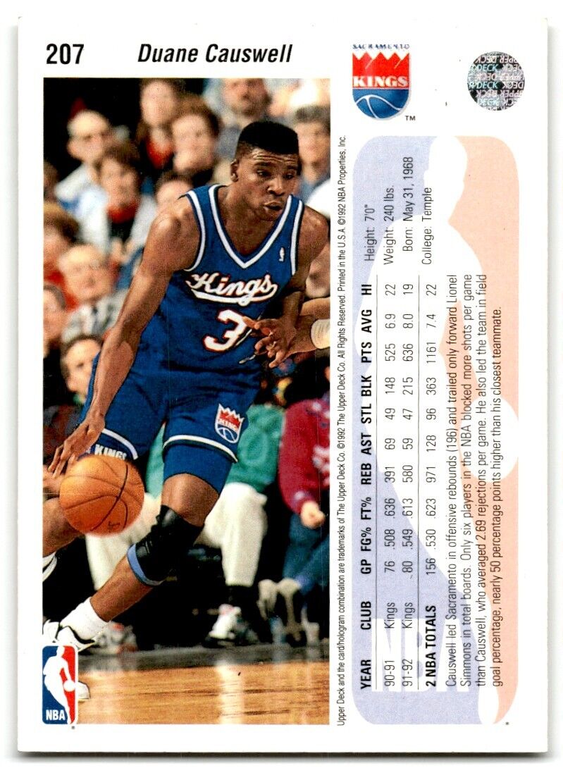 1992-93 Upper Deck Duane Causwell Sacramento Kings #207