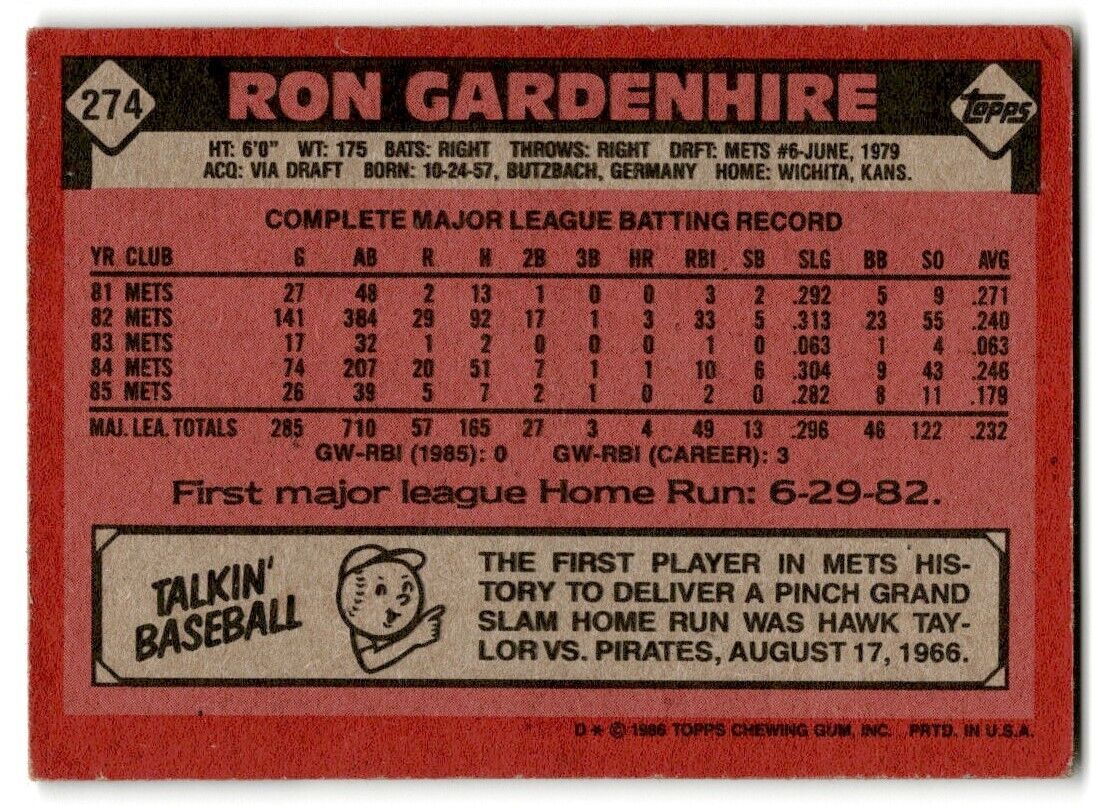 1986 Topps Ron Gardenhire New York Mets #274