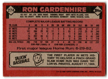 1986 Topps Ron Gardenhire New York Mets #274