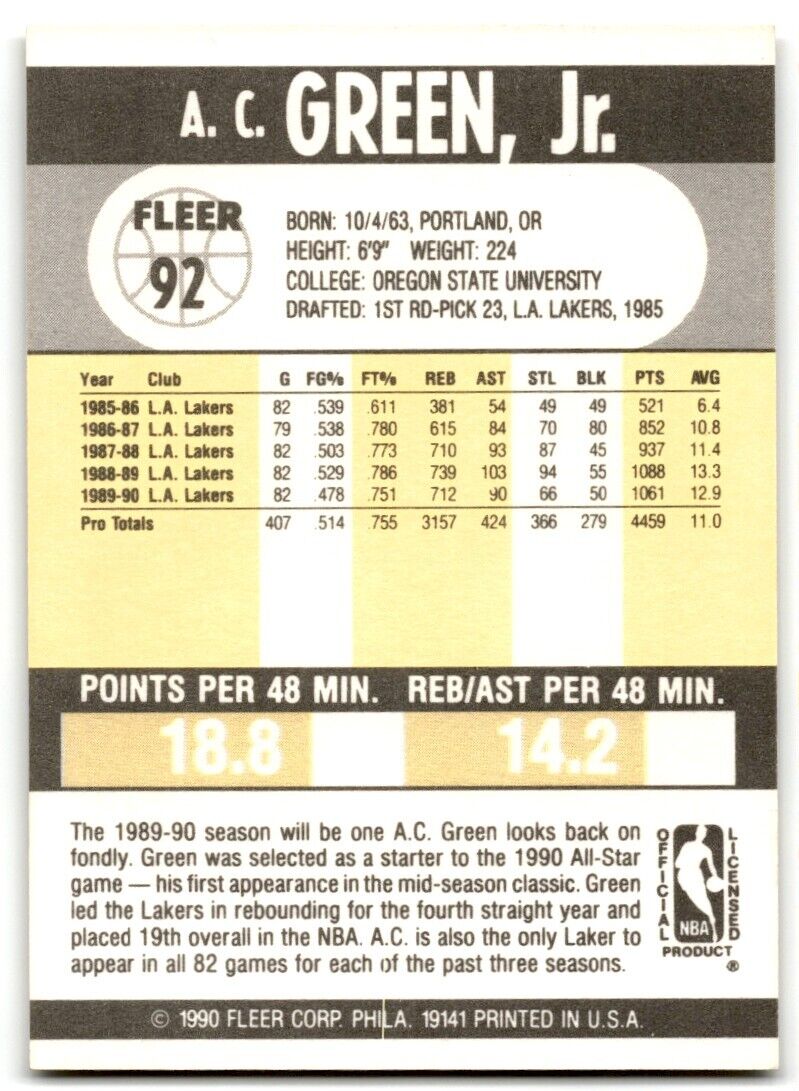 1990-91 Fleer A.C. Green Los Angeles Lakers #92