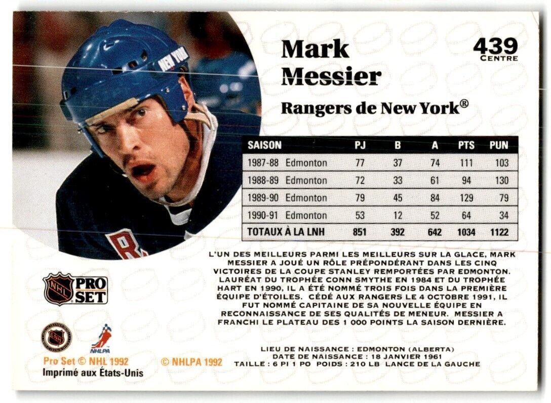 1991-92 Pro Set Mark Messier New York Rangers #439