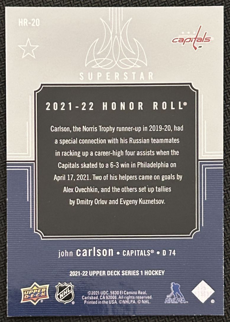 2021-22 Upper Deck Honor Roll John Carlson Washington Capitals #HR-20