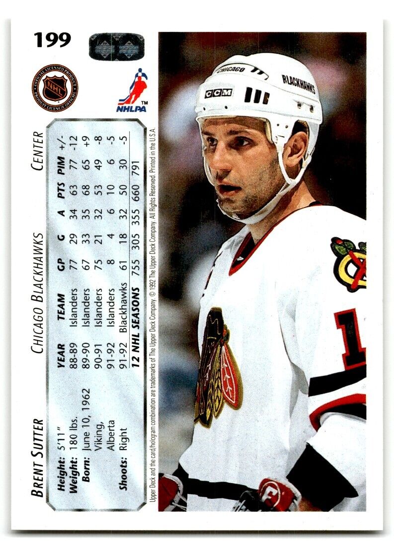 1992-93 Upper Deck Brent Sutter Chicago Blackhawks #199