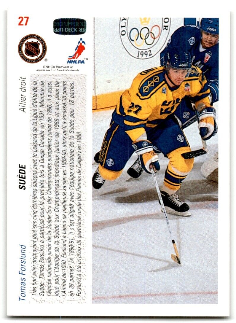 1991-92 Upper Deck French Tomas Forslund Rookie Sweden #27