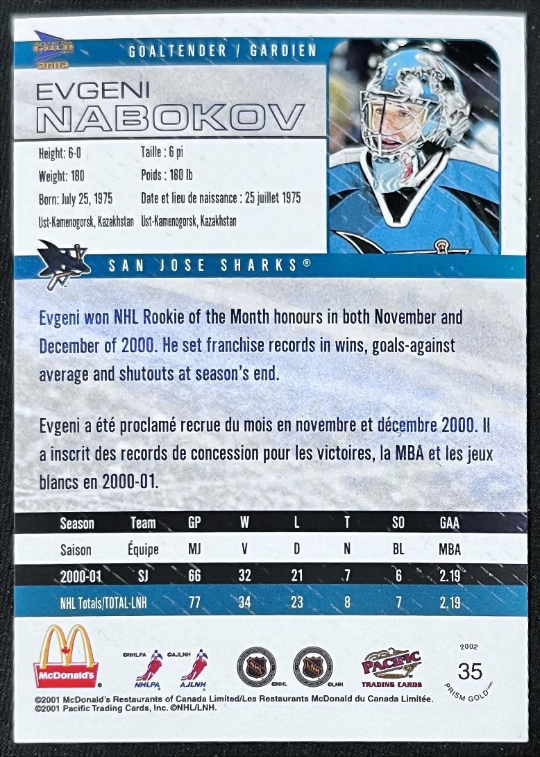 2001-02 Pacific McDonald's Evgeni Nabokov San Jose Sharks #35