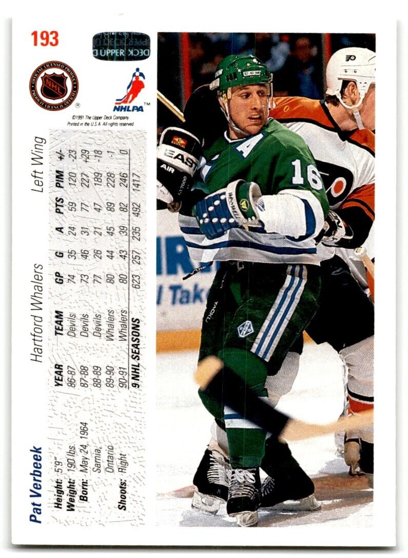 1991-92 Upper Deck Pat Verbeek Hartford Whalers #193A