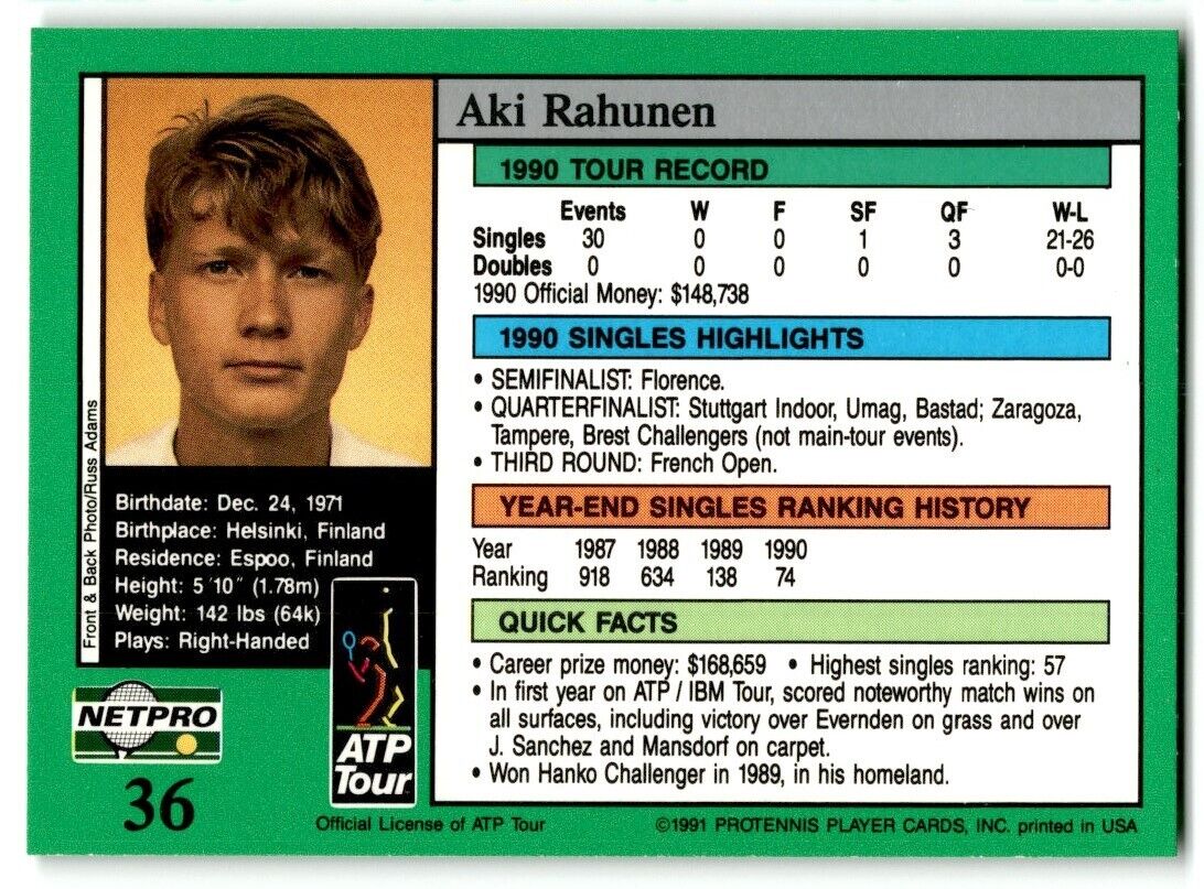 1991 Protennis player Cards Netpro Tour Star Aki Rahunen #36