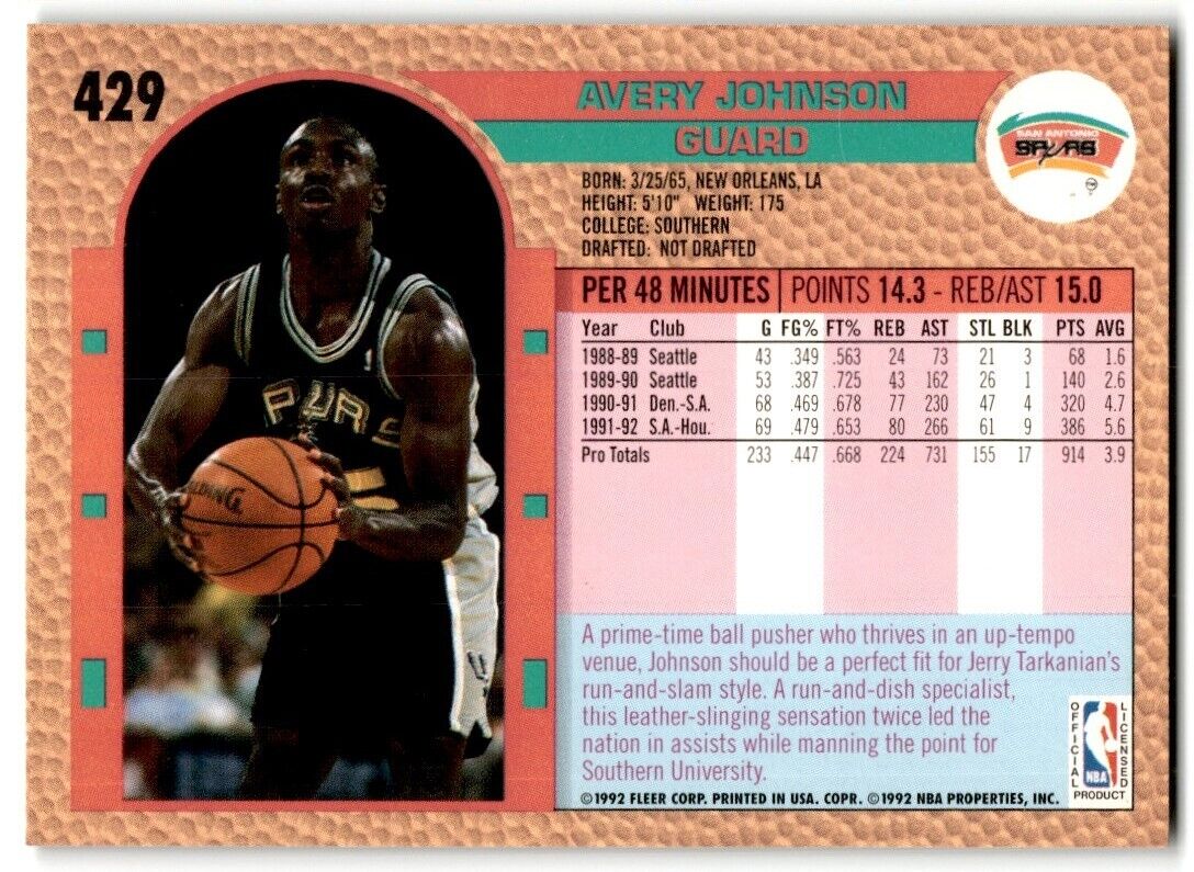 1992-93 Fleer Avery Johnson San Antonio Spurs #429