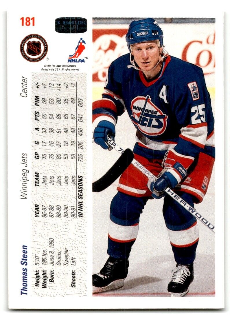 1991-92 Upper Deck Thomas Steen Winnipeg Jets #181