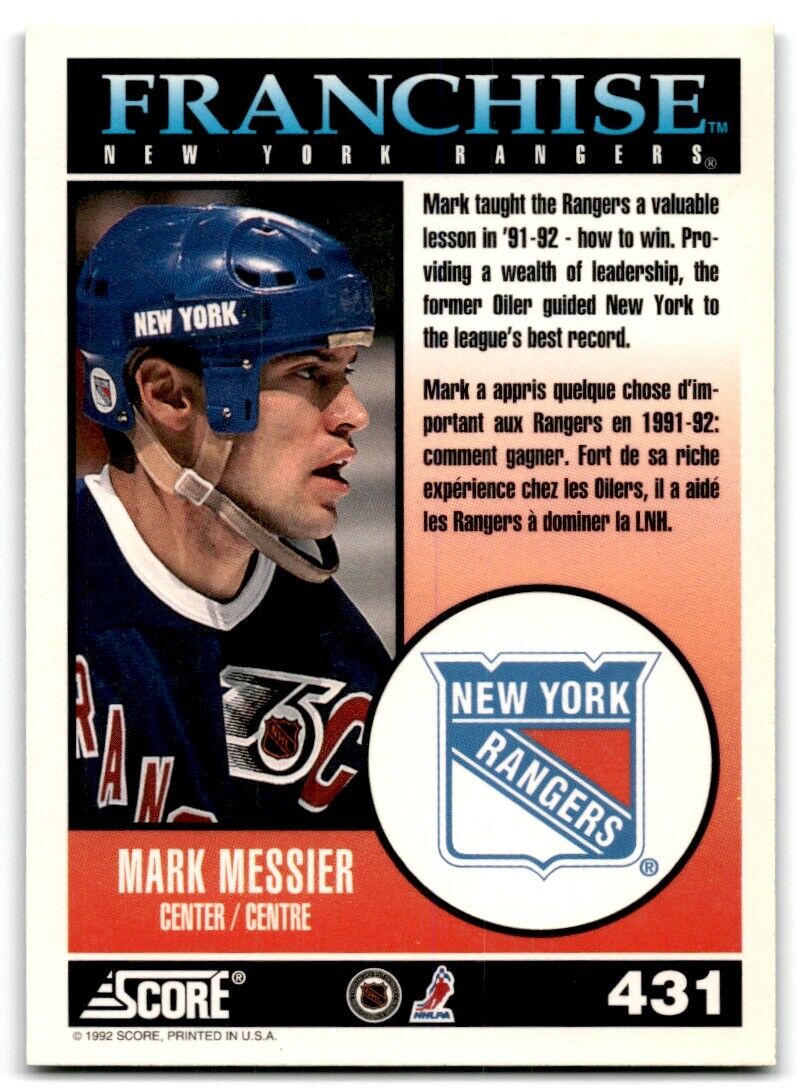 1992-93 Score Mark Messier New York Rangers #431