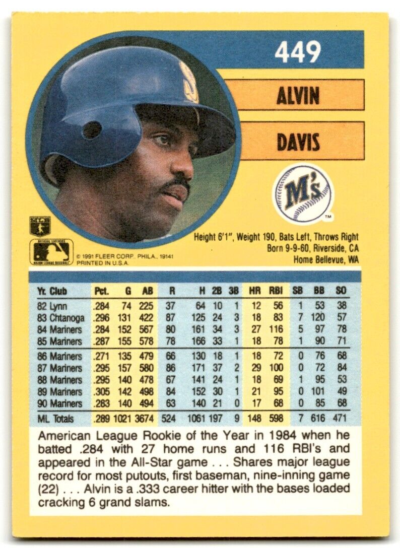 1991 Fleer Alvin Davis Seattle Mariners #449