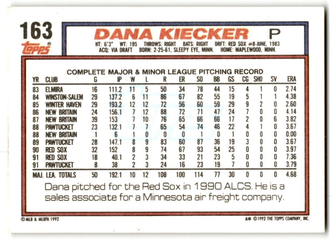 1992 Topps Dana Kiecker Boston Red Sox #163