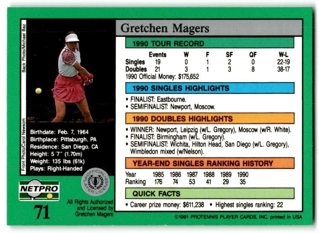 1991 Protennis player Cards Netpro Tour Star Gretchen Magers #71