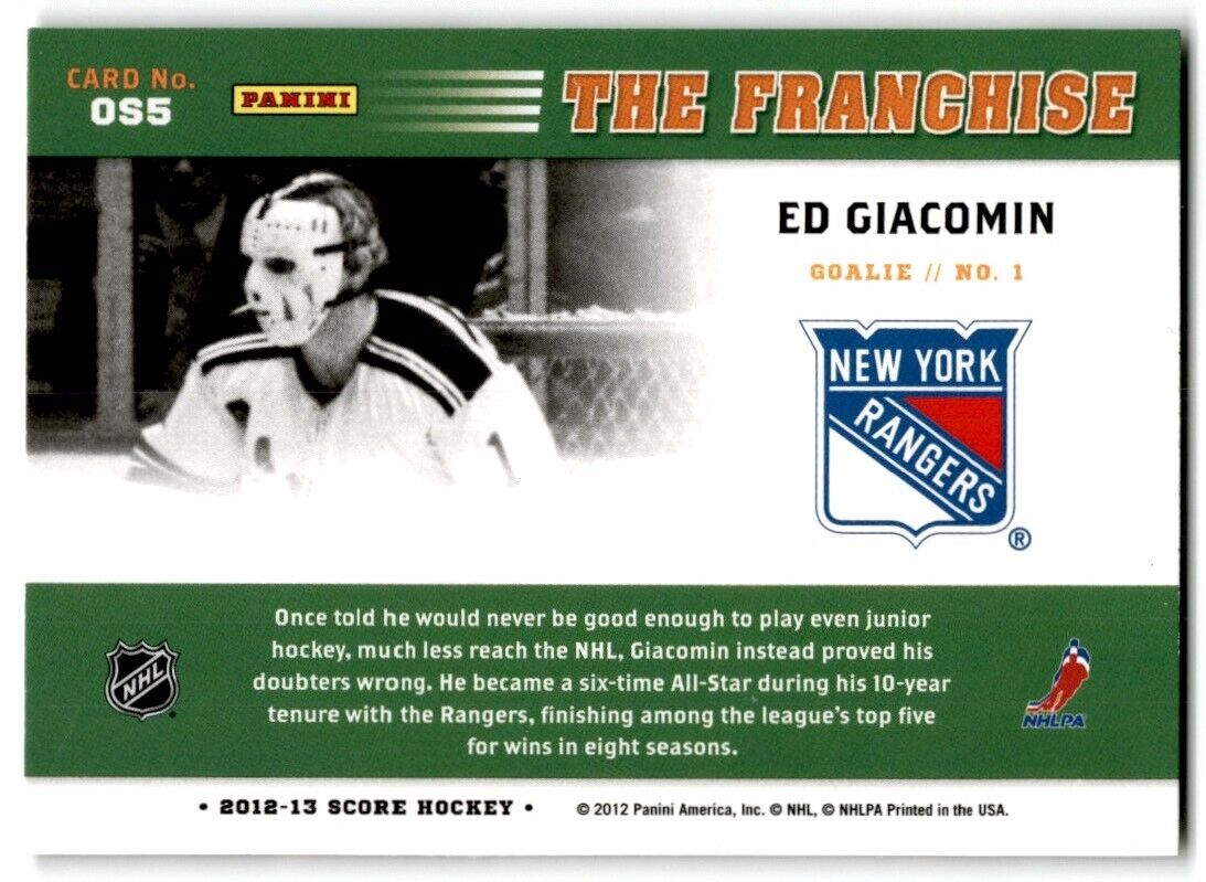 2012-13 Score Franchise Original Six Ed Giacomin New York Rangers #OS5