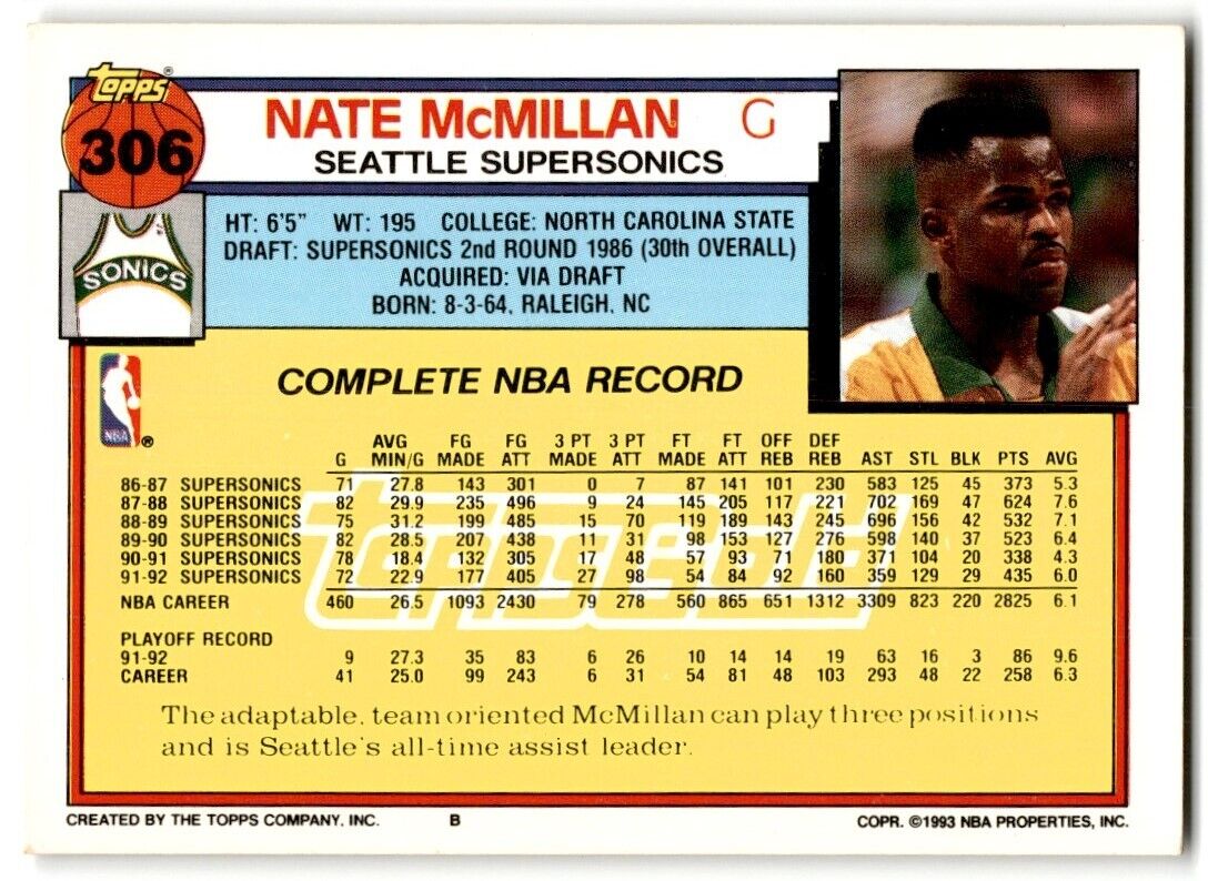 1992-93 Topps Gold Nate McMillan Seattle SuperSonics #306