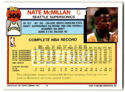 1992-93 Topps Gold Nate McMillan Seattle SuperSonics #306