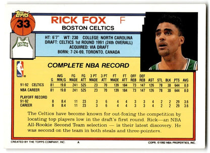 1992-93 Topps Rick Fox Boston Celtics #33