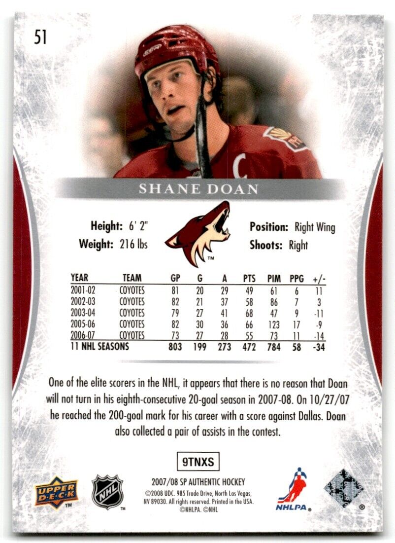 2007-08 SP Authentic Shane Doan Phoenix Coyotes #51